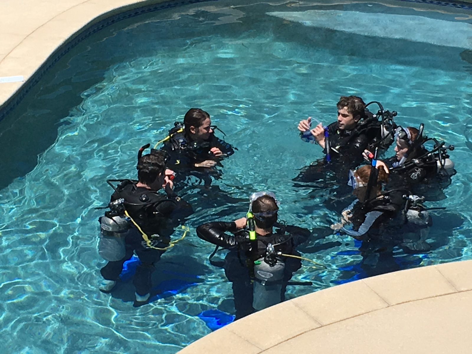 PADI instructor teaching a group of students in the training pool of Cabo Pulmo Dive Center PADI instructor teaching a group of students in the training pool of Cabo Pulmo Dive Center